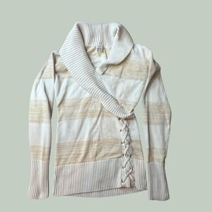 Guess Sweater Womens S Q63R08Z0610 Cream Beige Striped Lace Up Shawl Collar